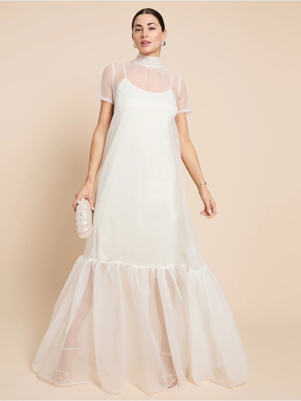 Ivory Sheer-Overlay Maxi Dress with Ruffled Hem